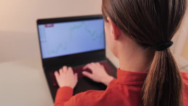 Vista sobre el hombro del comerciante del mercado de valores que trabaja en una computadora que muestra números y gráficos de las entradas del stock. 4k
 - Imágenes, Vídeo