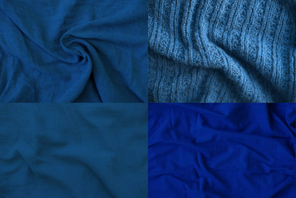 Crumpled blue fabric texture close up. Trendy tone of 2020 blue color, collage of 4 pictures - Photo, image