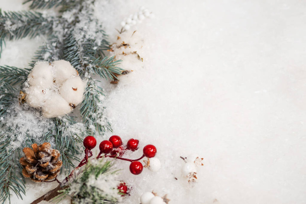 Festive winter flat lay. Snow, cones and branches of a green Christmas tree on a white background - Фото, зображення