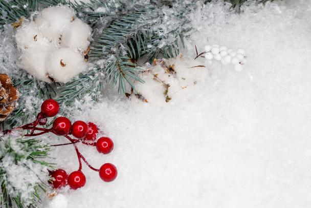 Naturaleza muerta en un tema de invierno, hermosos conos, algodón y ramas de un árbol de Navidad verde salpicado de nieve
 - Foto, imagen