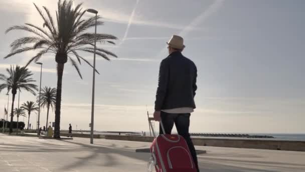 Ταξιδιώτης με καπέλο με κόκκινη βαλίτσα περπατά κατά μήκος του πεζοδρομίου - Πλάνα, βίντεο