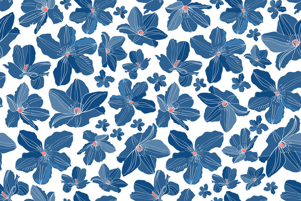 Art floral vector seamless pattern. Blue garden flowers isolated on white background. Used Pantone Classic Blue color and coral color. Endless pattern for wallpaper, fabric, textiles, accessories. - Vektor, obrázek