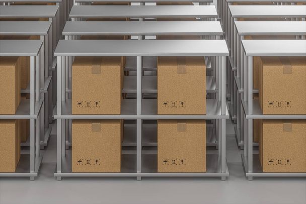 Los cartones se colocan en estantes cuidadosamente dispuestos, renderizado 3d
. - Foto, imagen