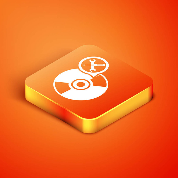 Isometric CD or DVD disk with screwdriver and wrench icon isolated on orange background. Adjusting, service, setting, maintenance, repair, fixing.  Vector Illustration - Vector, Image