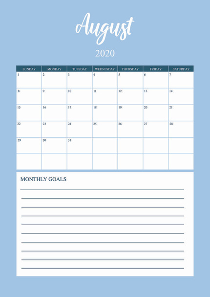 Año 2020 Planificador de agosto, calendario mensual de planificación para agosto
  - Vector, imagen