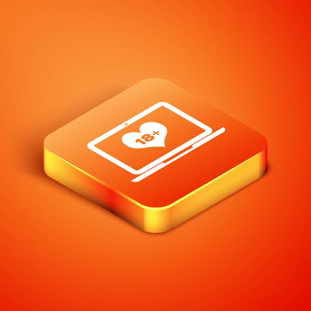 Ordinateur portable isométrique avec 18 plus icône de coeur de contenu isolé sur fond orange. Un symbole de restriction d'âge. 18 + signe de contenu. Chaîne adulte. Illustration vectorielle
 - Vecteur, image