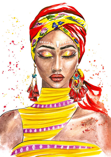 farbenfrohe exotische Portrait einer schönen dunkelhäutigen Frau trägt afrikanisches Make-up, handgemalte Aquarell Mode Illustration - Foto, Bild