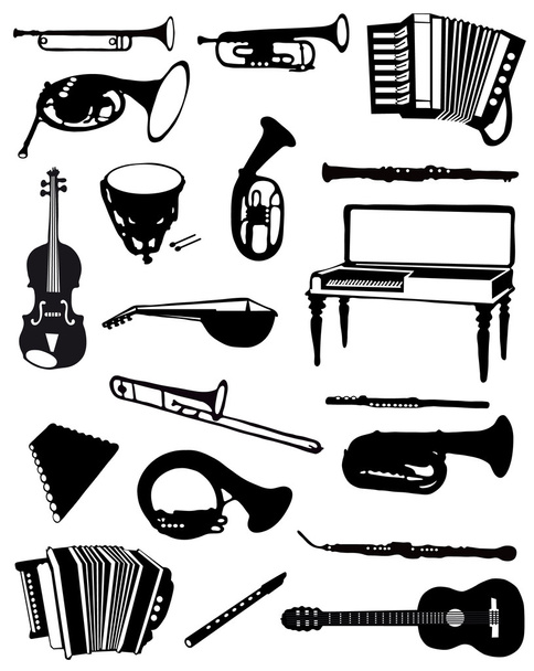 collectie van silhouetten van oude muziekinstrumenten - Vector, afbeelding