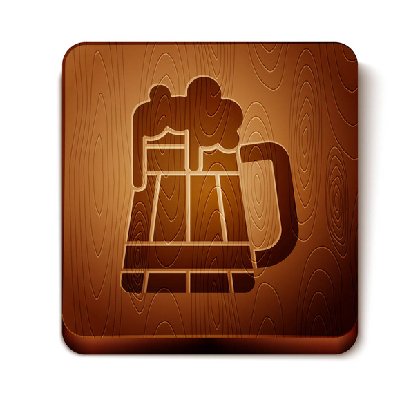 Brown Wooden beer mug icon isolated on white background. Wooden square button. Vector Illustration - Vector, Image