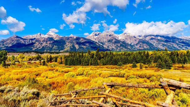 Осенние цвета, окружающие облака, покрывали вершины Гранд-Титонс в национальном парке Гранд-Титонс. Вид с Черных прудов на окрестности Джексон Хоула, штат Вайоминг, Соединенные Штаты
 - Фото, изображение