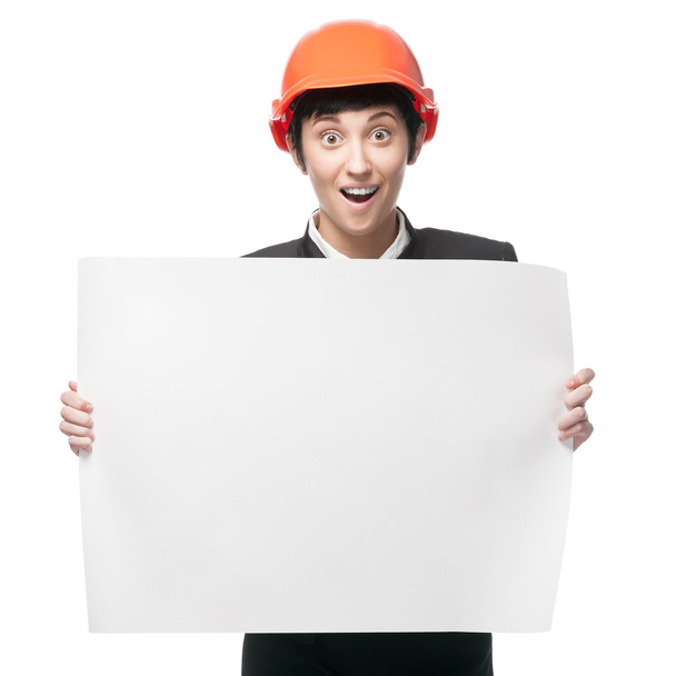 cheerful engineer woman holding sign - Foto, Imagem