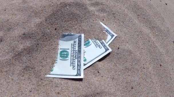 Kumsalda kumla kaplanmış paranın yarısı yakın planda duruyor.. - Video, Çekim