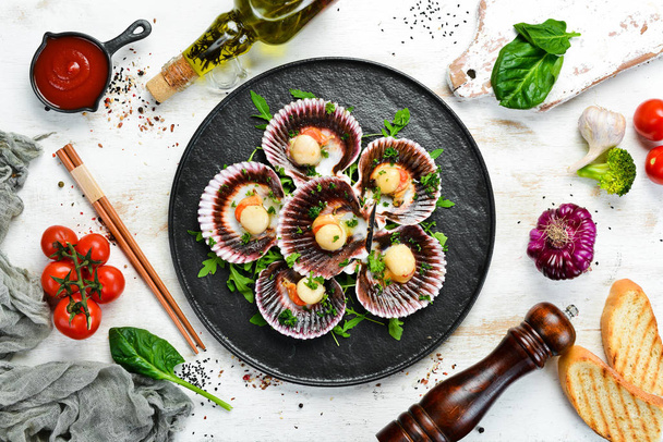 Baked scallops in shells with parsley and spices. Top view. Free space for your text. - Фото, изображение
