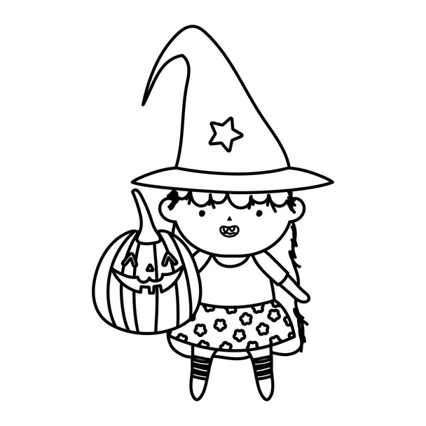 girl witch costume with pumpkin trick or treat happy halloweenline design - Vector, imagen