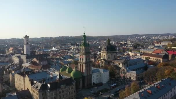 Aerial video of Uspinska Church in in central part of old city of Lviv, Ukraine - Felvétel, videó