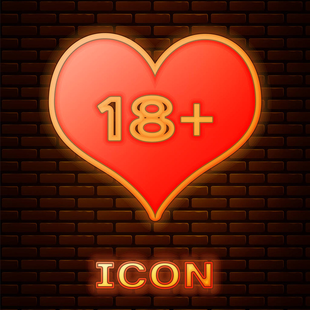 Λαμπερό νέον 18 + σύμβολο καρδιάς περιεχόμενο που απομονώνεται σε φόντο τοίχου τούβλο. Μόνο εικονίδιο περιεχομένου ενηλίκων. Απεικόνιση διανυσματικών φορέων - Διάνυσμα, εικόνα
