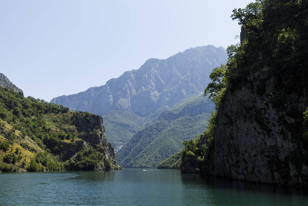 Красивый пейзаж с горами и зелеными лесами на лодке на озере Комани в динарийских Альпах Албании
 - Фото, изображение