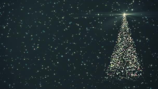 Frohe Weihnachten Grußkarte. Weihnachtsbaum mit leuchtendem Licht, das sich langsam dreht, und funkelnden Sternen auf dunkelgrünem Hintergrund, 4k nahtlose Urlaubsanimation - Filmmaterial, Video