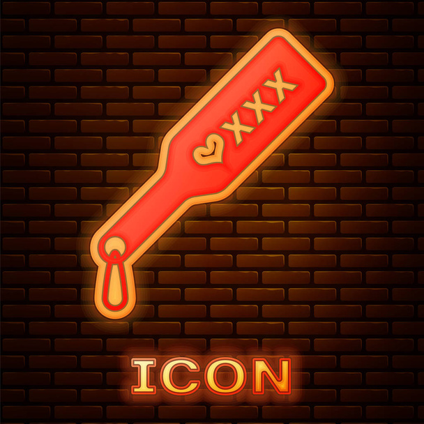 Glowing neon Spanking paddle icon isolated on brick wall background. Fetish accessory. Sex toy for adult.  Vector Illustration - Vector, Image