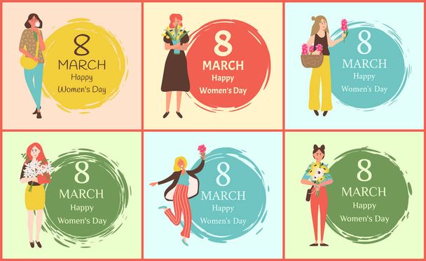 Happy Girls Holding Flowers, Womens Day Vector - ベクター画像