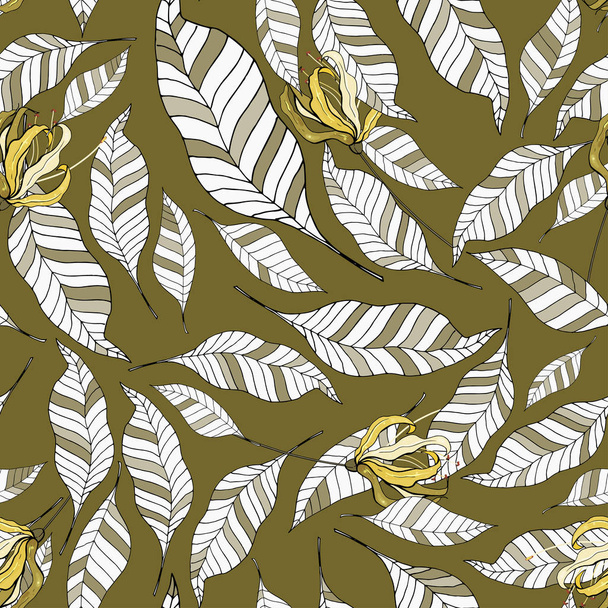Summer flowers and foliage, seamless pattern in hand drawn style - Vektör, Görsel