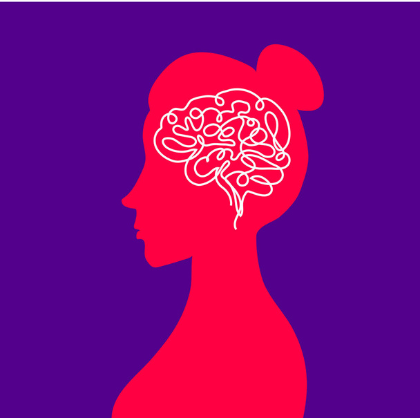 心理的な人間の健康。女性の頭の中で考え。脳の働き - ベクター画像