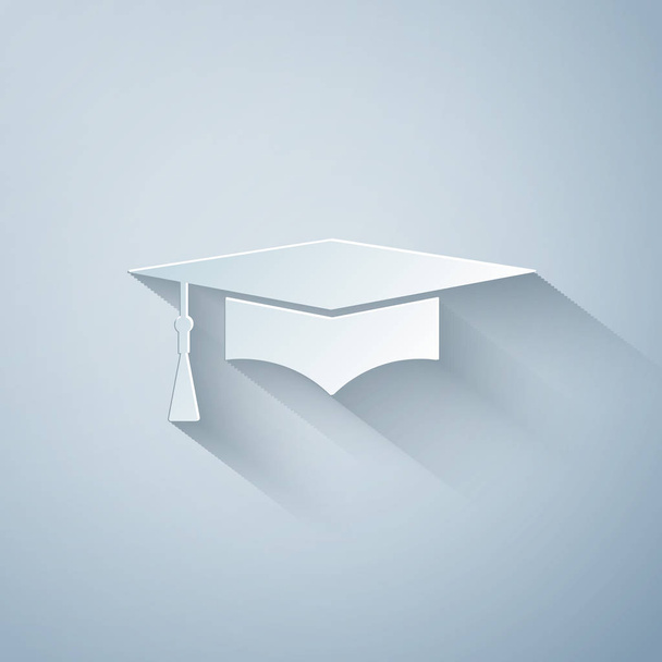 Corte de papel Icono de tapa de graduación aislado sobre fondo gris. Sombrero de graduación con icono de borla. Estilo de arte de papel. Ilustración vectorial - Vector, imagen