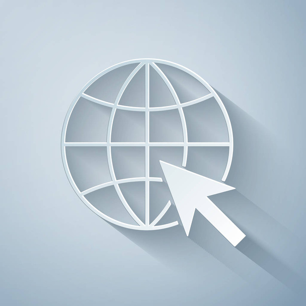 Paperileikkaus Siirry Web kuvake eristetty harmaalla pohjalla. Globe ja kursori. Verkkosivuston kuvamerkki. Maailmanlaajuinen web-symboli. Paperitaidetta. Vektorikuvaus
 - Vektori, kuva