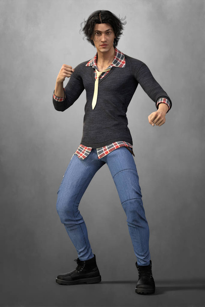Handsome young man wearing jeans in an urban fantasy fight style pose - Zdjęcie, obraz