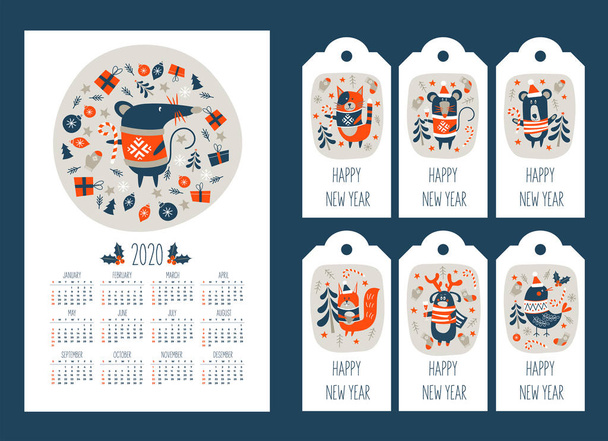 2020 calendar with the symbol of the year of the mouse. Set of tags with new year greetings and cute animals. Vector illustration. - ベクター画像