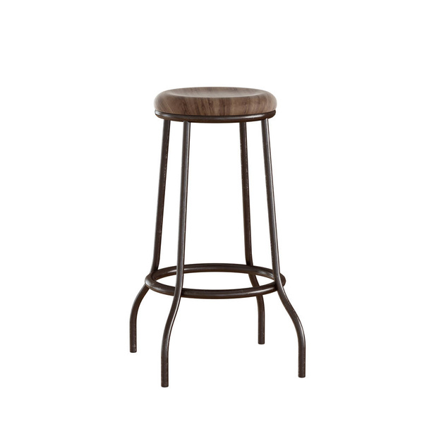 Wysoki stołek barowy z drewnianym siedziskiem i metalowymi nogami na izolowanym tle. 3d renderowanie - Zdjęcie, obraz