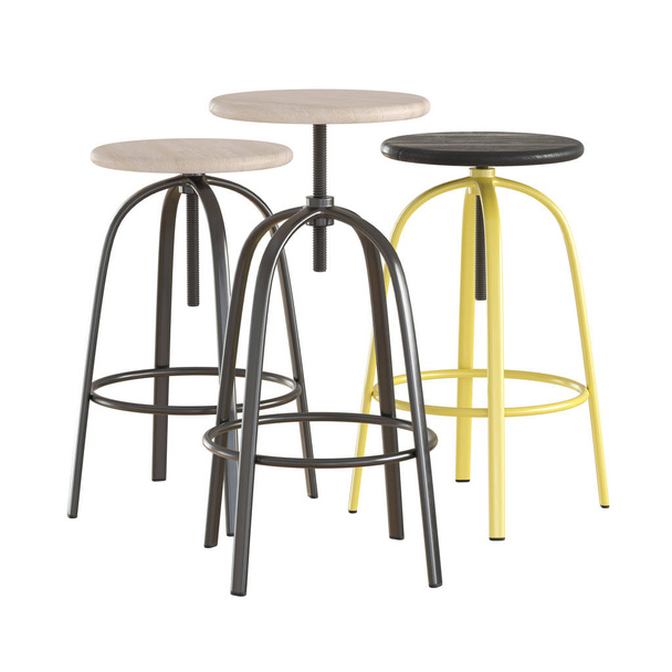 Tři kulaté barové stoličky s tenkými kovovými nohami na izolovaném pozadí. 3D vykreslování - Fotografie, Obrázek