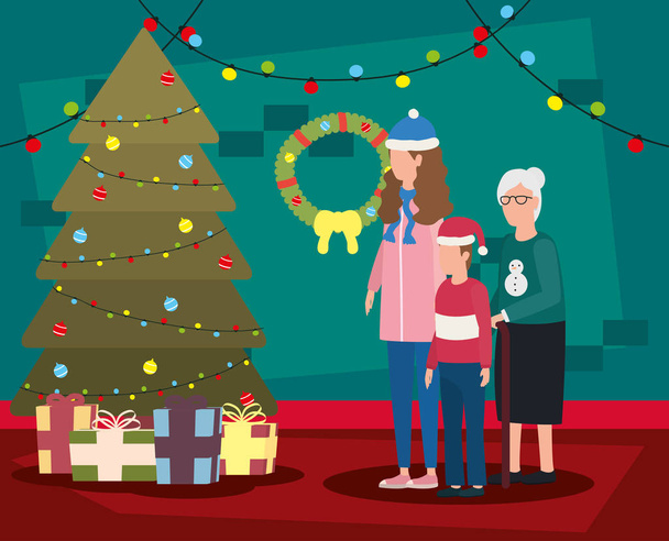 grandmother with daughter and grandson in room christmas decorated - Vector, Image