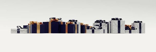 Різдвяне тло з ксами-подарунками, темно-сині та білі скриньки з золотими та синіми стрічками, панорамний великий стяг з копіювальним простором для тексту на білому тлі.. - Фото, зображення