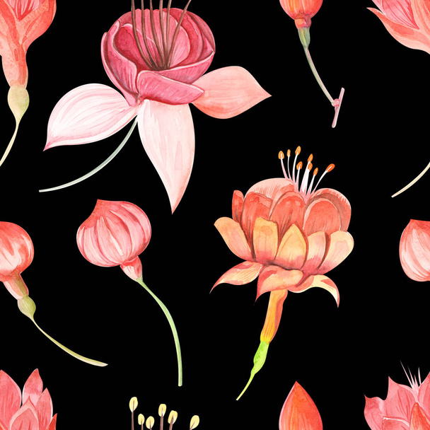 Naadloze raster aquarel patroon met bloemen fuchsia en bladeren close-up op een gekleurde achtergrond. - Foto, afbeelding