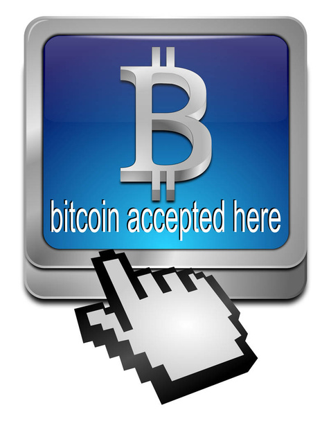 Parlak mavi Bitcoin imleci ile burada kabul edildi - 3d illüstrasyon - Fotoğraf, Görsel