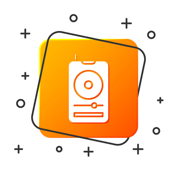 Icono del reproductor de música blanca aislado sobre fondo blanco. Dispositivo de música portátil. Botón cuadrado naranja. Ilustración vectorial
 - Vector, imagen