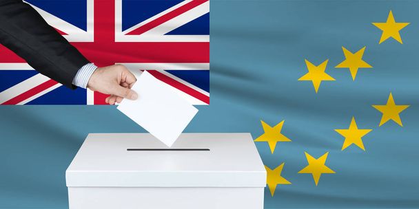 Elecciones en Tuvalu. La mano del hombre poniendo su voto en las urnas. Ondeó la bandera de Tuvalu en el fondo
.                                - Foto, imagen