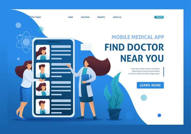 Mobile app to search for doctors nearby with you. Flat 2D character. Landing page concepts and web design - Wektor, obraz