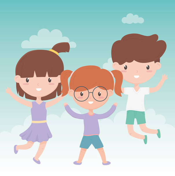Счастливый детский день, маленькие девочки и мальчики прыгают, празднуя - Вектор,изображение