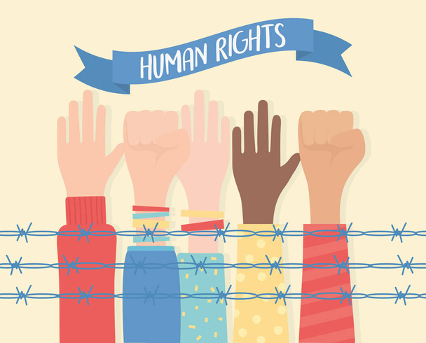 human rights, raised and fist hands diversity behind barbed wire - Vector, Image