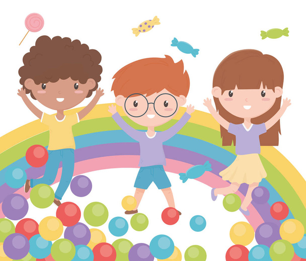 Día de los niños felices, celebración divertida niños con caramelos de arco iris lollipop y pelotas. - Vector, imagen