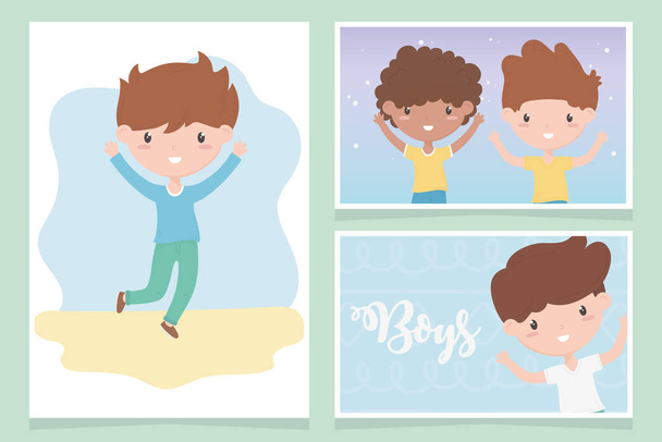 Счастливый детский день, милые маленькие мальчики мультики на веселых карточках - Вектор,изображение