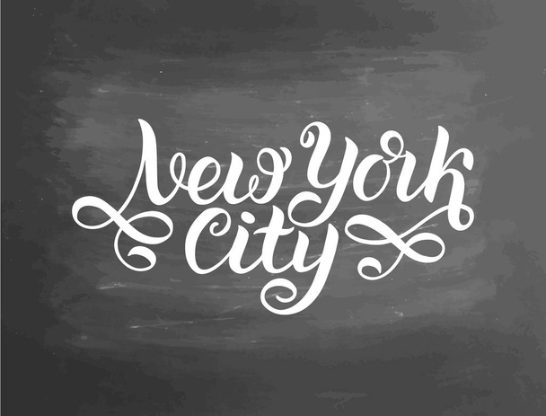Greetings from New York City, USA. Typography poster, lettering design. Hand drawn brush calligraphy, text for t-shirt, post card, poster. illustration. Chalkboard textured background - Photo, Image