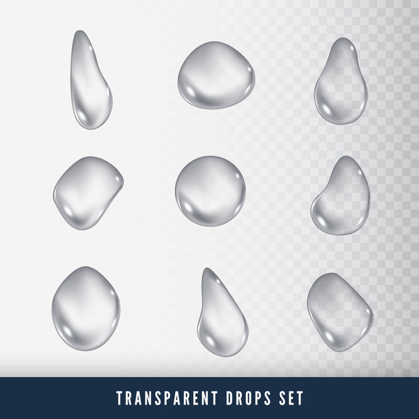 Set of Drops. Liquid clear droplet. Dew on glass surface. vector illustration on transparent background - Vektor, kép