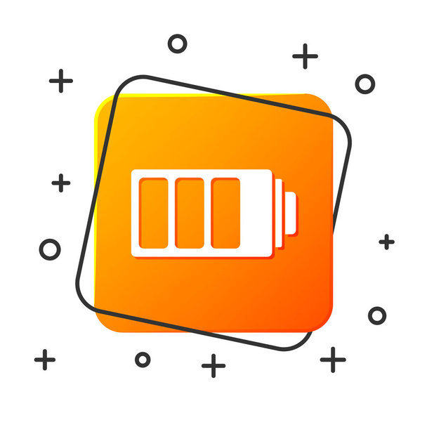 Ícone indicador de nível de carga da bateria branca isolado no fundo branco. Botão quadrado laranja. Ilustração vetorial
 - Vetor, Imagem