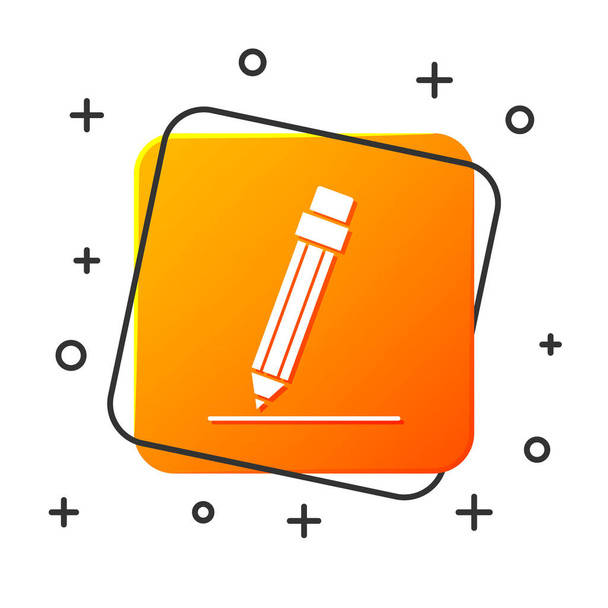 Fehér ceruza radír és vonal ikon elszigetelt fehér alapon. Oktatási jel. Rajzoló és oktatási eszközök. Narancssárga négyzet. Vektorillusztráció - Vektor, kép