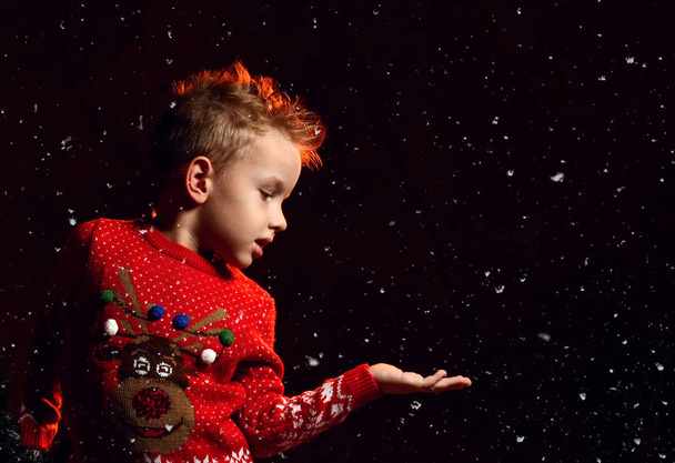 happy little boy in red pullover catching snowflakes in his hands. - Fotoğraf, Görsel
