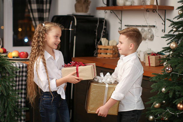 Девушка и мальчик дарят друг другу подарки на Новый год на фоне новогодней елки
 - Фото, изображение