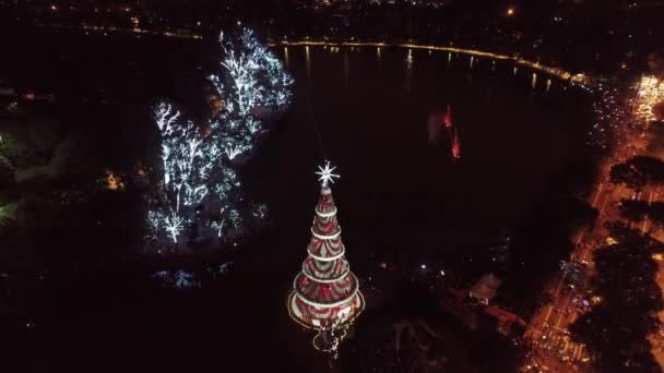 Ibirapuera Park, Sao Paulo, Brezilya 'daki Noel Ağacı' nın hava manzarası. Noel Baba ve yeni yıl kutlaması. Harika manzara. - Video, Çekim